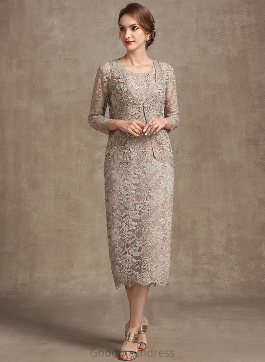 Tea-Length Mother the Dress of With Bride Lace Mother of the Bride Dresses Sequins Sloane Scoop Sheath/Column Neck