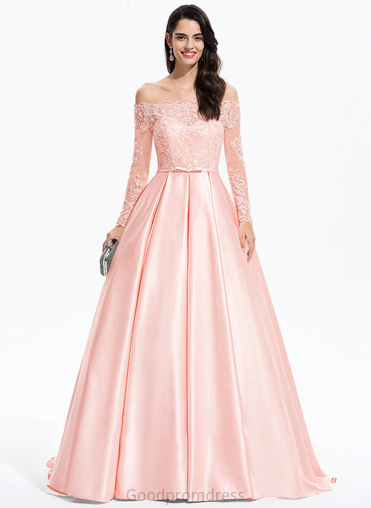 Ball-Gown/Princess Sweep Off-the-Shoulder Bow(s) Train Katrina Satin With Prom Dresses