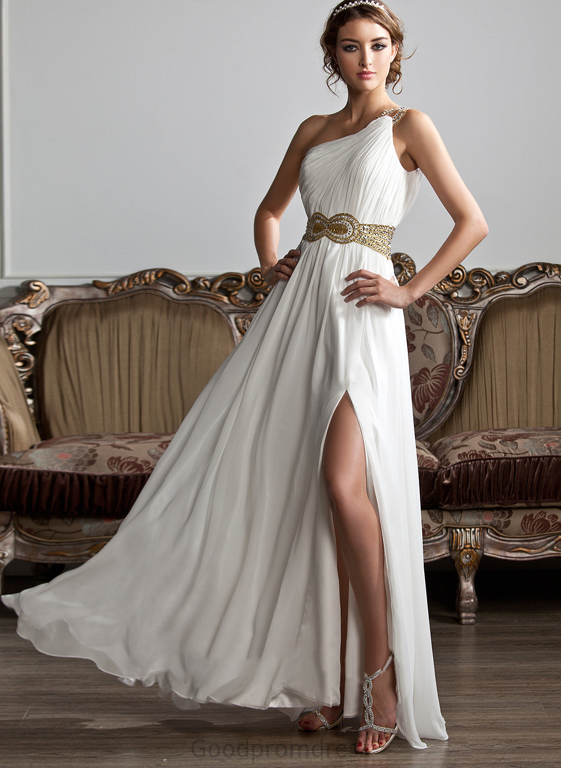 Split Sequins Prom Dresses Beading One-Shoulder Araceli Ruffle Floor-Length Chiffon With Front A-Line