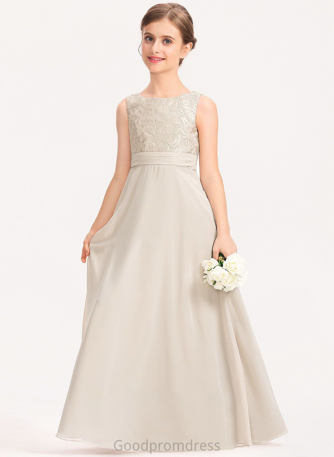 Floor-Length Lace Junior Bridesmaid Dresses Amelie Ruffle Neck With Chiffon Scoop A-Line