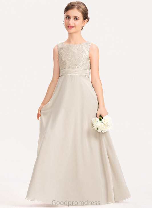 Floor-Length Lace Junior Bridesmaid Dresses Amelie Ruffle Neck With Chiffon Scoop A-Line