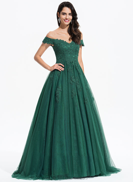 Sweep Train Lace With V-neck Elsie Ball-Gown/Princess Prom Dresses Tulle