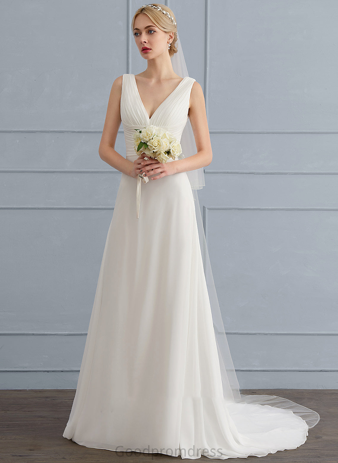 With Dress Wedding A-Line Chiffon Wedding Dresses Sweep Madison Train Ruffle V-neck