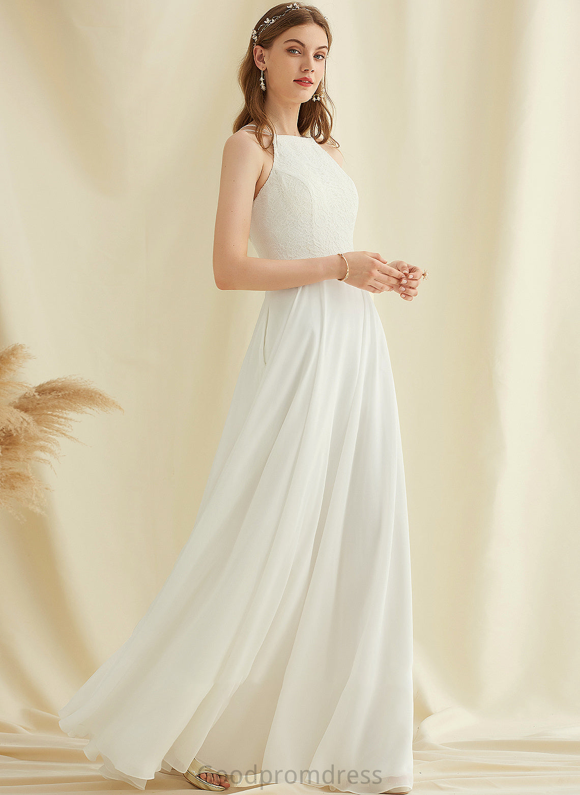 Lace Pockets Rylie Scoop Wedding A-Line Wedding Dresses Neck Dress Chiffon With Floor-Length