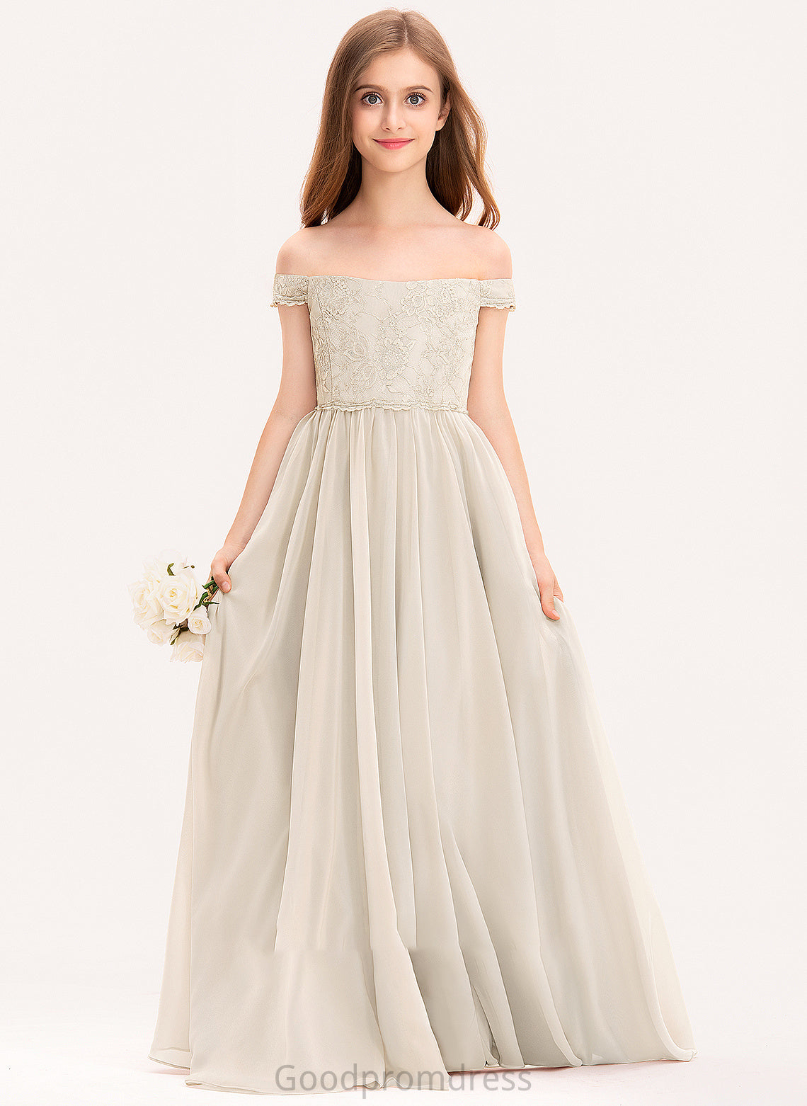 Lace Junior Bridesmaid Dresses Off-the-Shoulder Pamela A-Line Floor-Length Chiffon