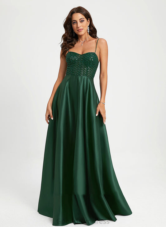 Floor-Length Satin Prom Dresses A-Line Sequins With Kaitlynn Sweetheart