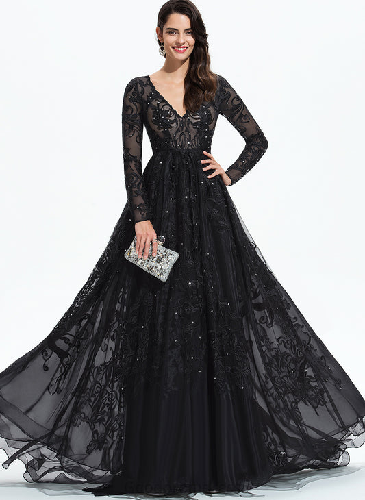 Ball-Gown/Princess Train V-neck With Aubree Lace Prom Dresses Sequins Sweep Tulle