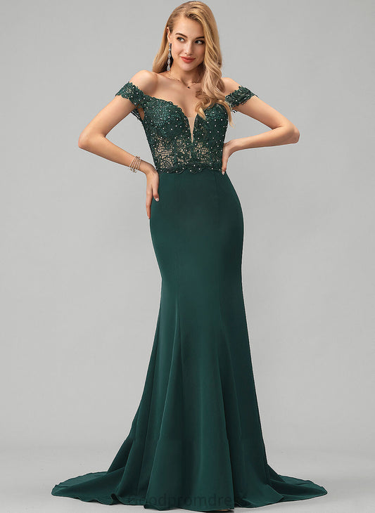 Stretch Lace Beading Off-the-Shoulder Karma Crepe Prom Dresses Train Sweep Trumpet/Mermaid Sequins With