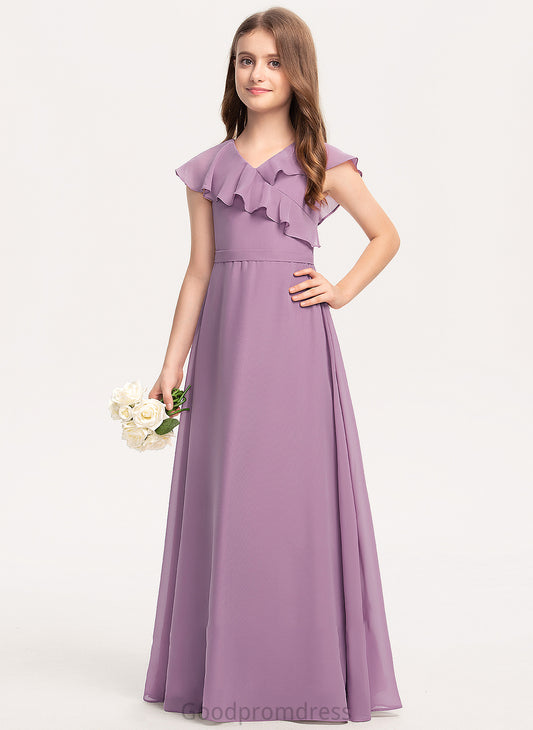 Junior Bridesmaid Dresses Chiffon A-Line With Amaris V-neck Bow(s) Floor-Length Ruffles Cascading