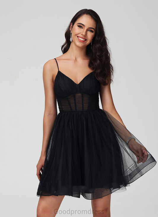 A-Line Pleated Dress With Short/Mini Tulle Wendy V-neck Homecoming Dresses Homecoming