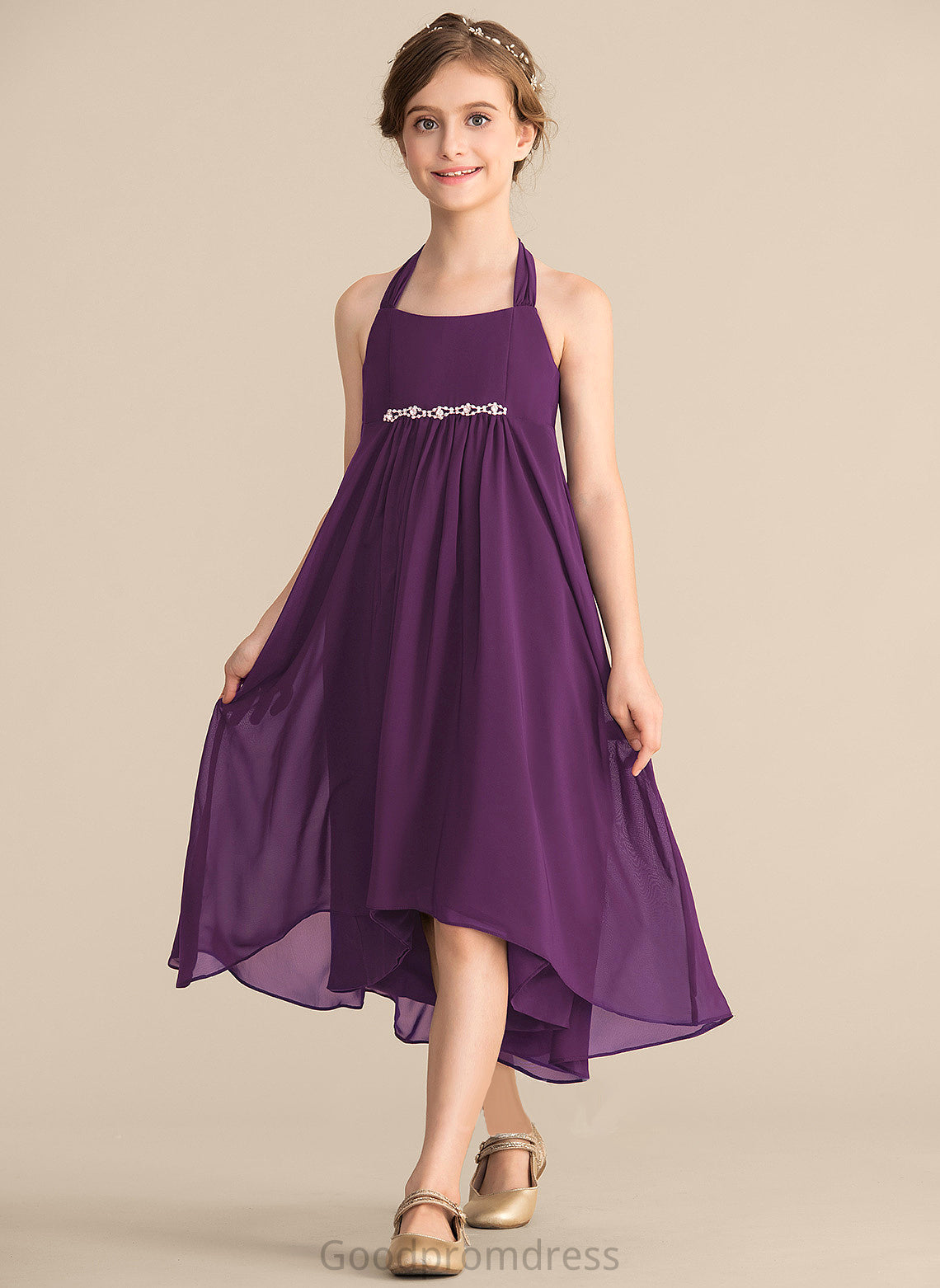 Empire Asymmetrical Beading Chiffon With Germaine Bow(s) Halter Junior Bridesmaid Dresses