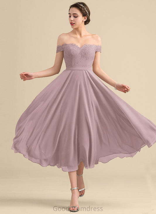 Lace Cocktail Off-the-Shoulder A-Line Chiffon Cocktail Dresses With Tea-Length Finley Dress Beading