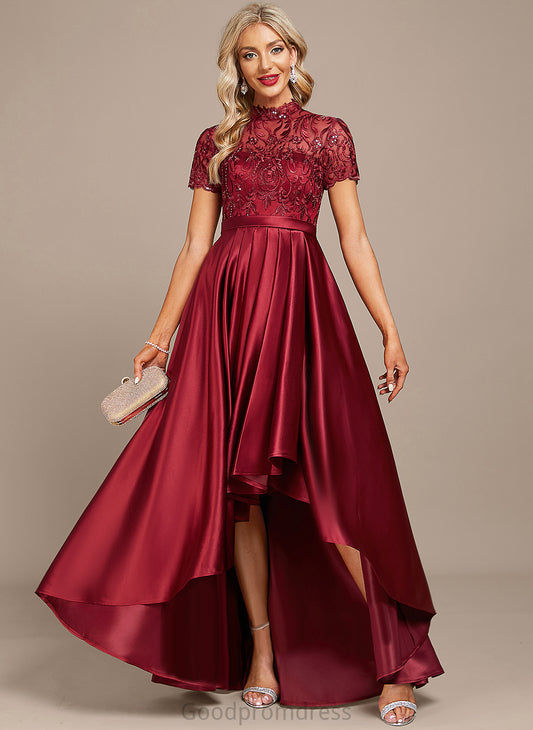 Annabella A-Line Satin Ruffle Sequins Neck Cocktail Dresses Dress With Lace High Cocktail Asymmetrical