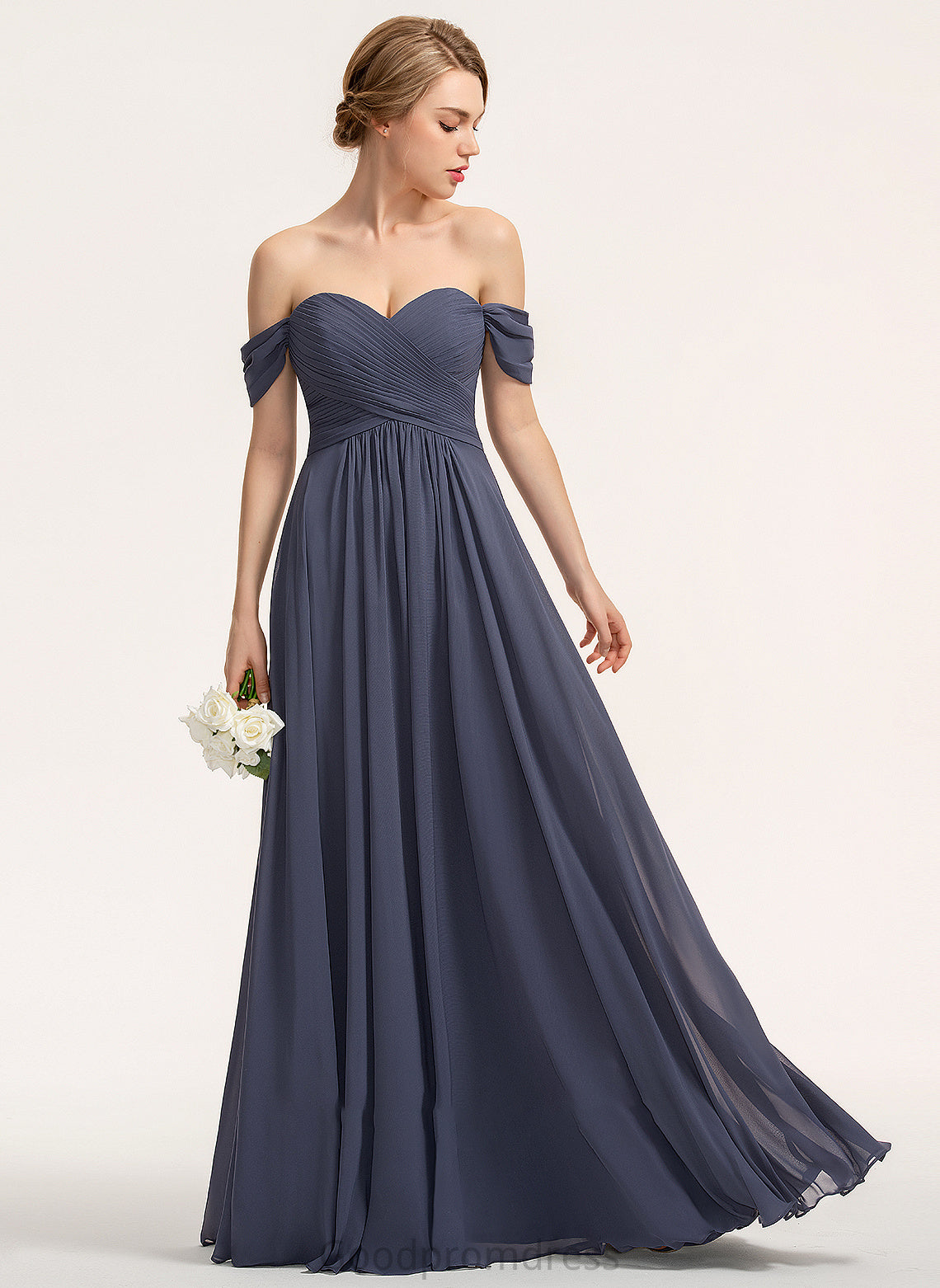 A-Line Floor-Length Fabric Ruffle Off-the-Shoulder Embellishment Length Neckline Silhouette Harriet A-Line/Princess Scoop Bridesmaid Dresses