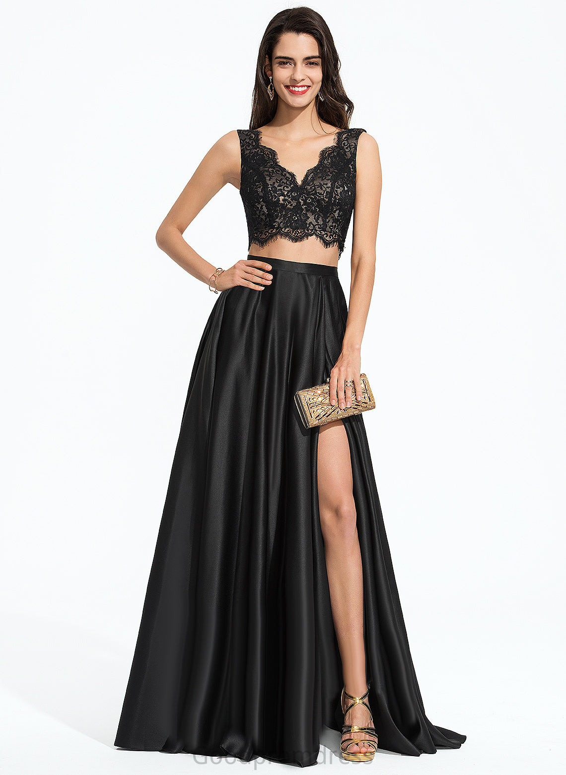 Amiyah V-neck Satin Floor-Length Prom Dresses A-Line Lace