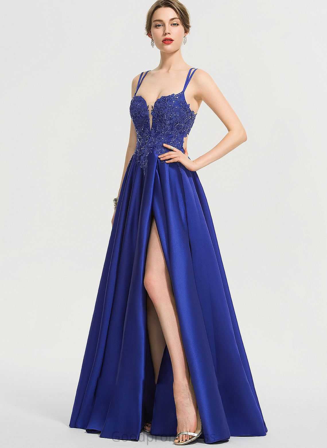 Front Satin V-neck Ball-Gown/Princess Sequins Mildred With Floor-Length Split Prom Dresses