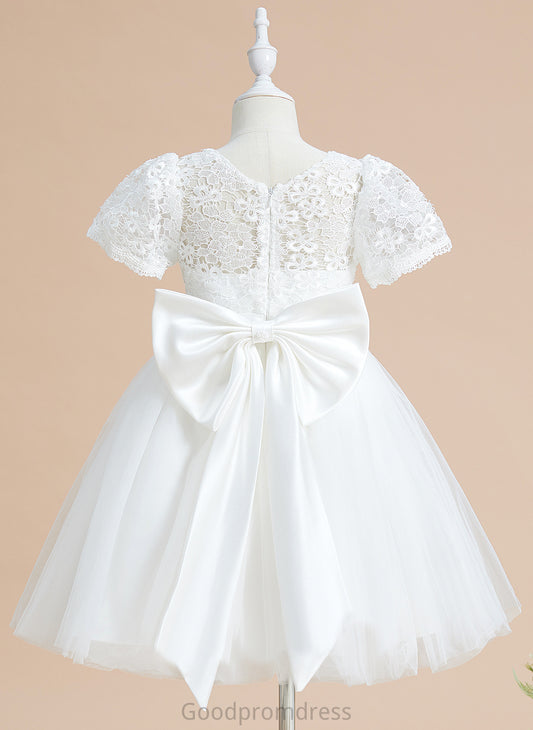 Scoop Girl Sleeves Flower Girl Dresses Neck - Miracle Short Bow(s) A-Line Dress Flower Knee-length With Tulle/Lace