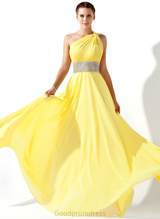 Beading Sanaa Chiffon One-Shoulder With A-Line Prom Dresses Ruffle Floor-Length