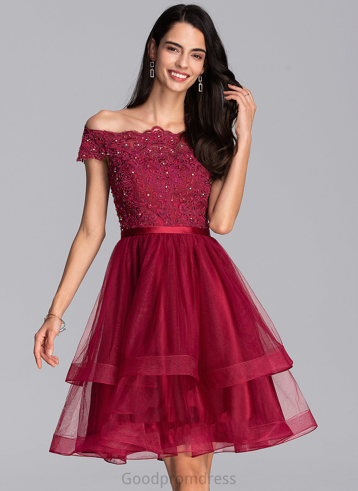 Tulle Dress Off-the-Shoulder Lace A-Line Keyla Sequins Beading With Homecoming Knee-Length Homecoming Dresses