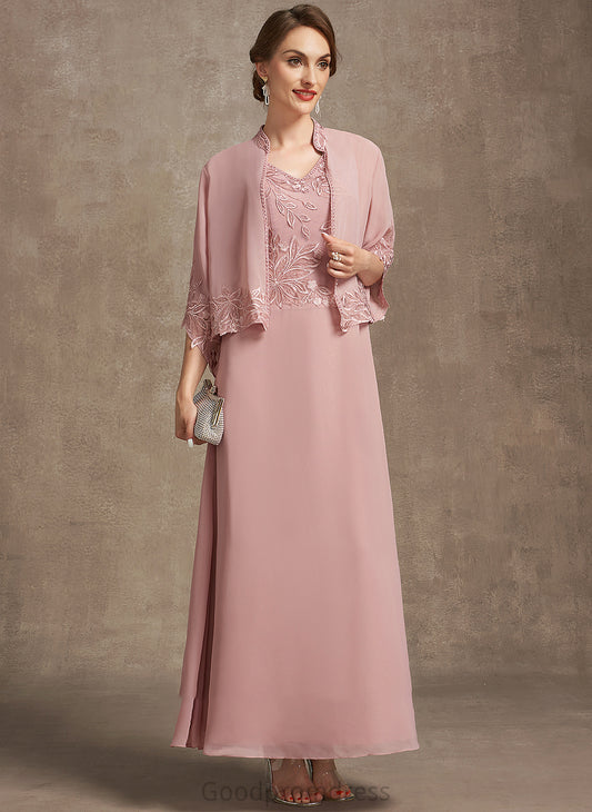 Mother of the Bride Dresses Beading Ankle-Length With A-Line the Dress V-neck Lace Lilly Bride of Mother Sequins Chiffon