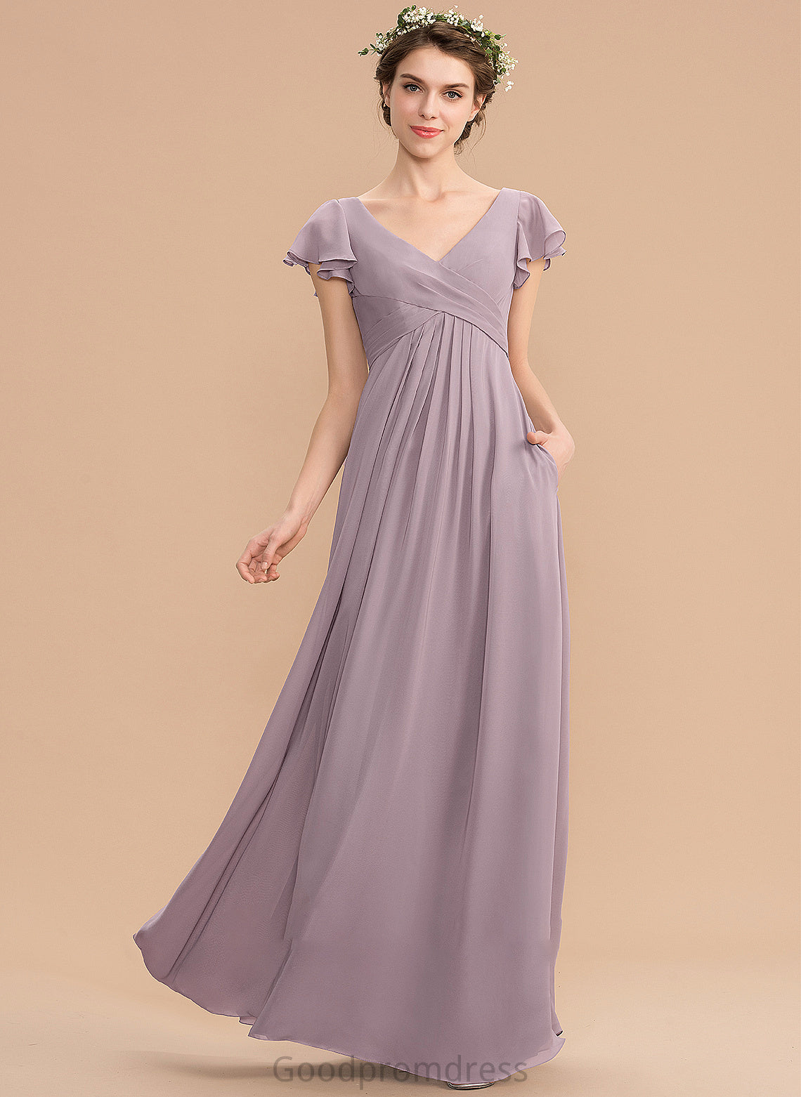 Pockets CascadingRuffles Embellishment Length Silhouette Fabric V-neck Neckline A-Line Floor-Length Camilla Sleeveless Bridesmaid Dresses