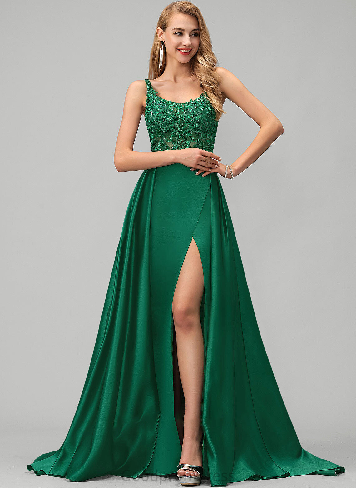 Sequins Square With Train Satin Sweep A-Line Neckline Split Front Lace Asia Prom Dresses