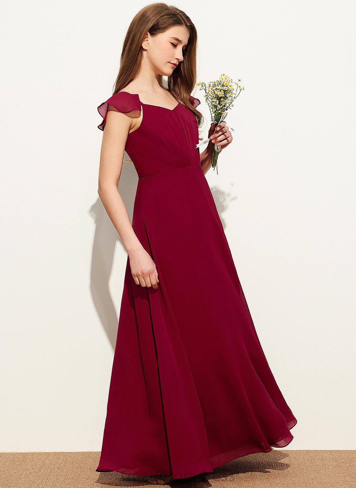 Junior Bridesmaid Dresses With Lilah Chiffon V-neck Ruffle Floor-Length A-Line