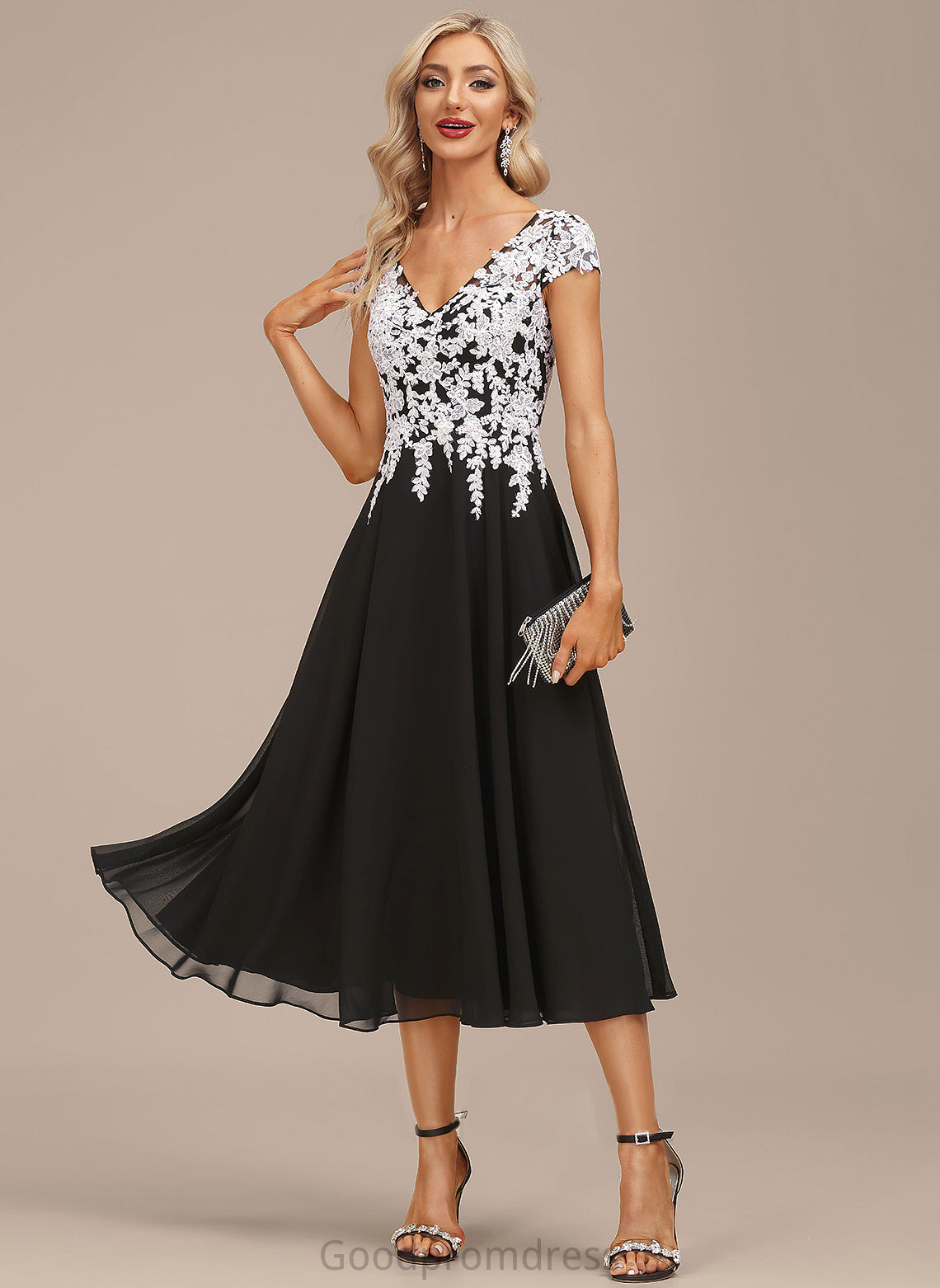 Serena A-Line Lace Dress Chiffon V-neck Cocktail Dresses Tea-Length Cocktail