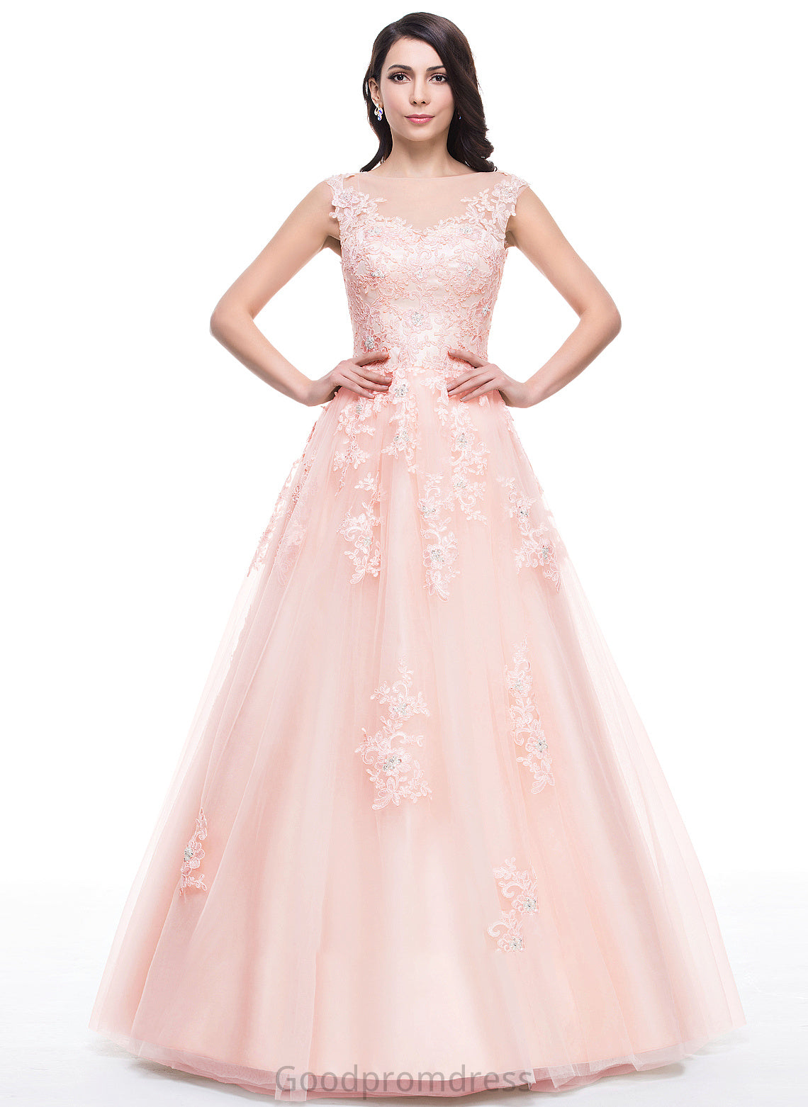 Angel With Appliques Sequins Prom Dresses Scoop Beading Ball-Gown/Princess Floor-Length Tulle Lace Neck