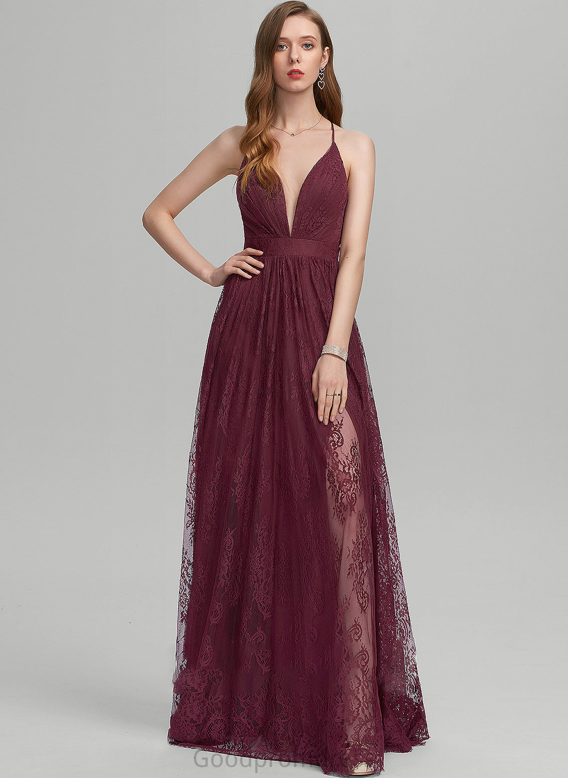 Front Floor-Length Maliyah V-neck With A-Line Prom Dresses Lace Split