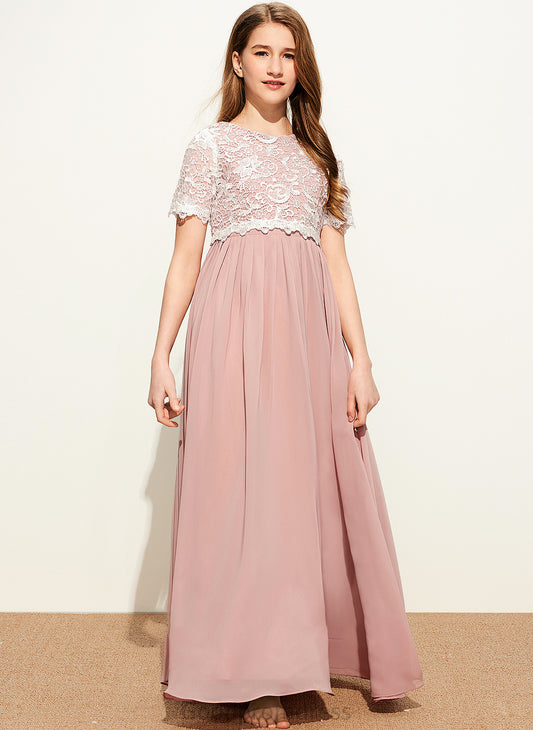 A-Line Junior Bridesmaid Dresses Scoop Neck Chiffon Pat Lace Floor-Length