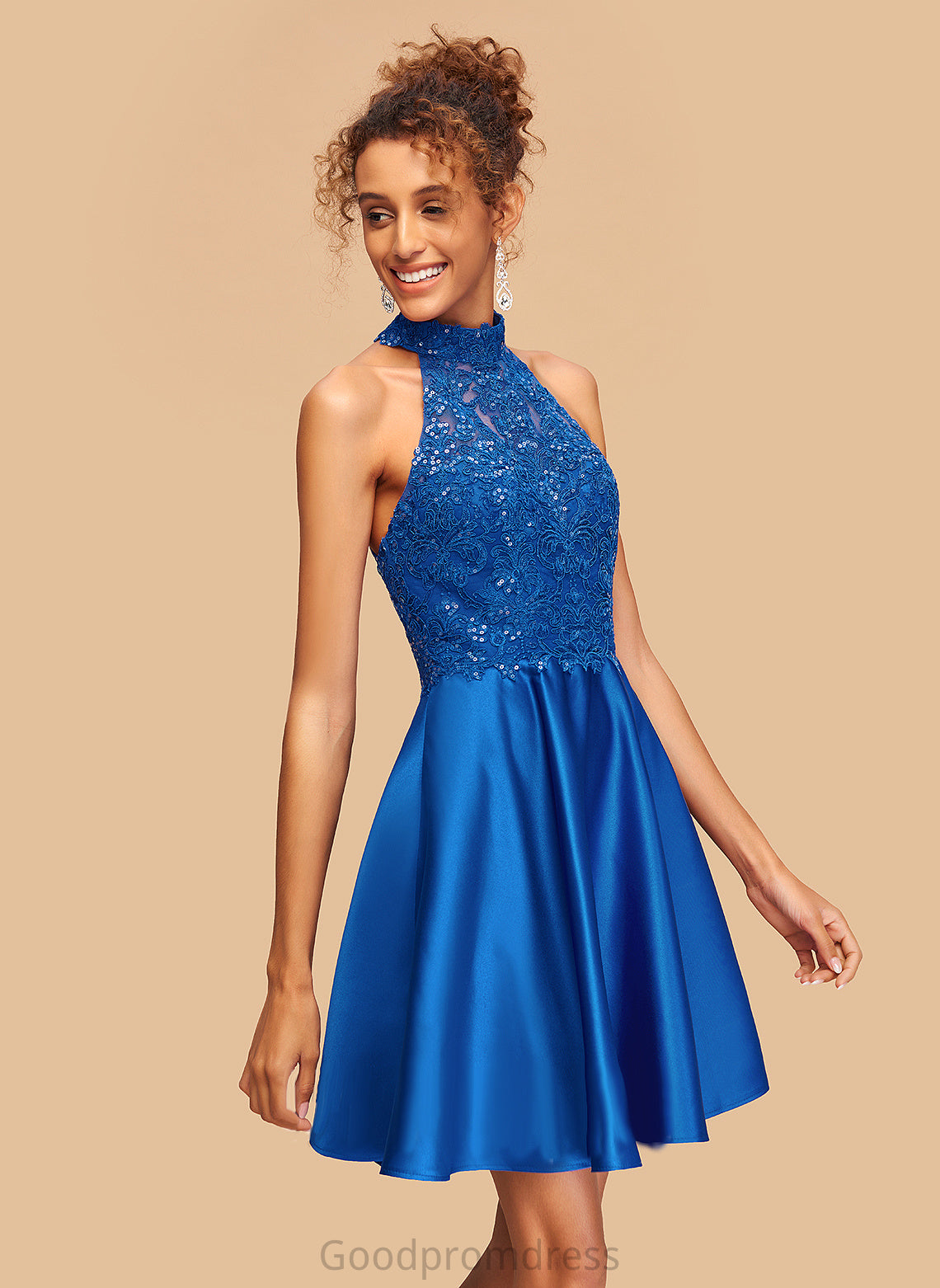 Homecoming Lace Satin Ashlynn Sequins Homecoming Dresses A-Line Dress With Short/Mini High Neck