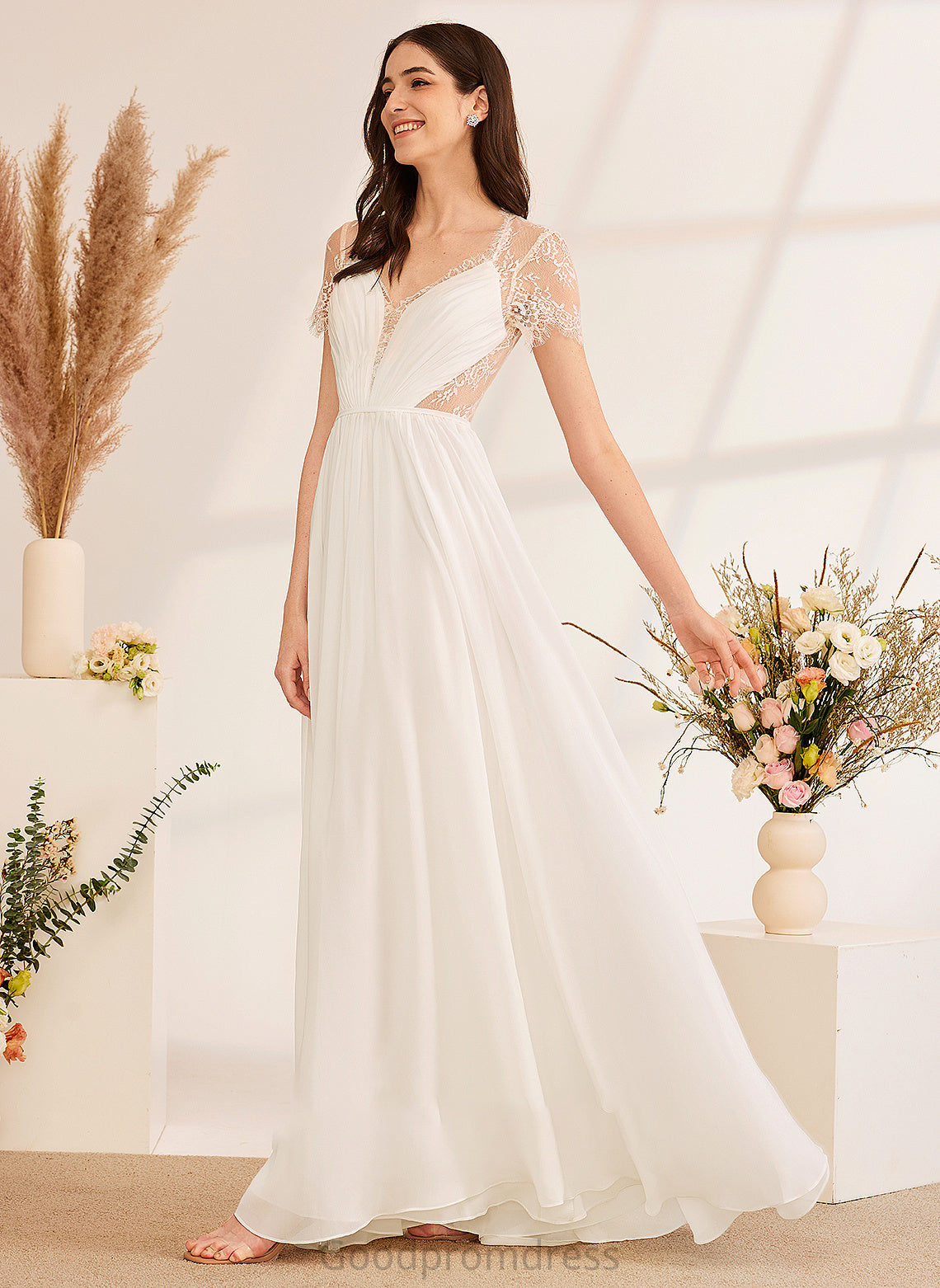 With A-Line Luz Floor-Length Wedding V-neck Dress Ruffle Wedding Dresses