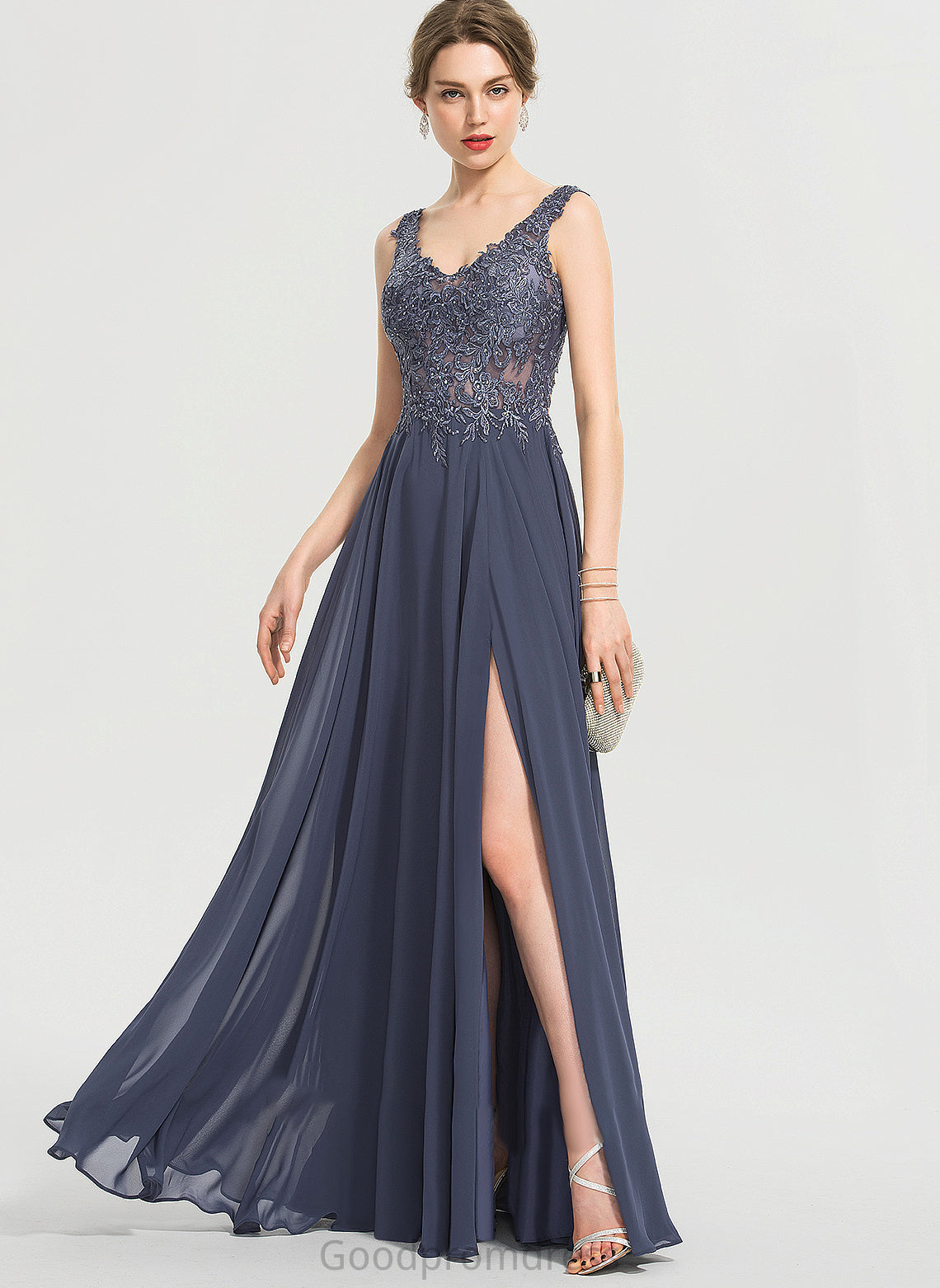 Sequins Floor-Length Split With Nancy Chiffon V-neck A-Line Prom Dresses Front Beading