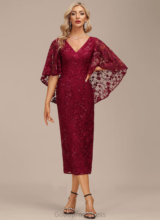 Madalynn Dress With Cocktail Dresses Cocktail Lace Sheath/Column Tea-Length V-neck Sequins