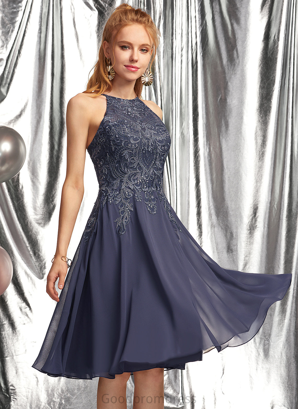 Carissa With Lace A-Line Scoop Chiffon Prom Dresses Appliques Knee-Length