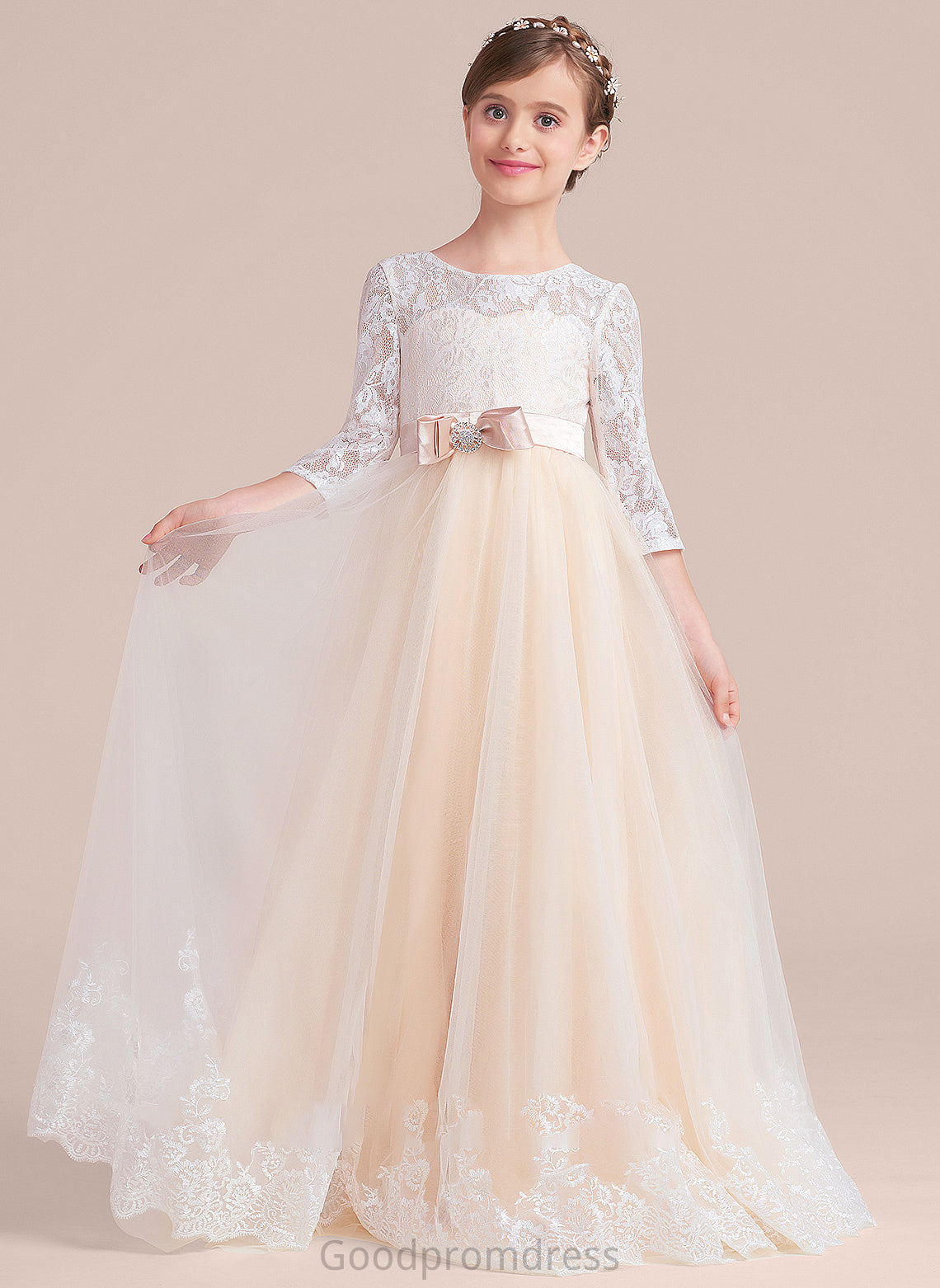 Scoop Neck Bow(s) Sash Floor-Length Ball-Gown/Princess Junior Bridesmaid Dresses Tulle With Lace Beading Quinn