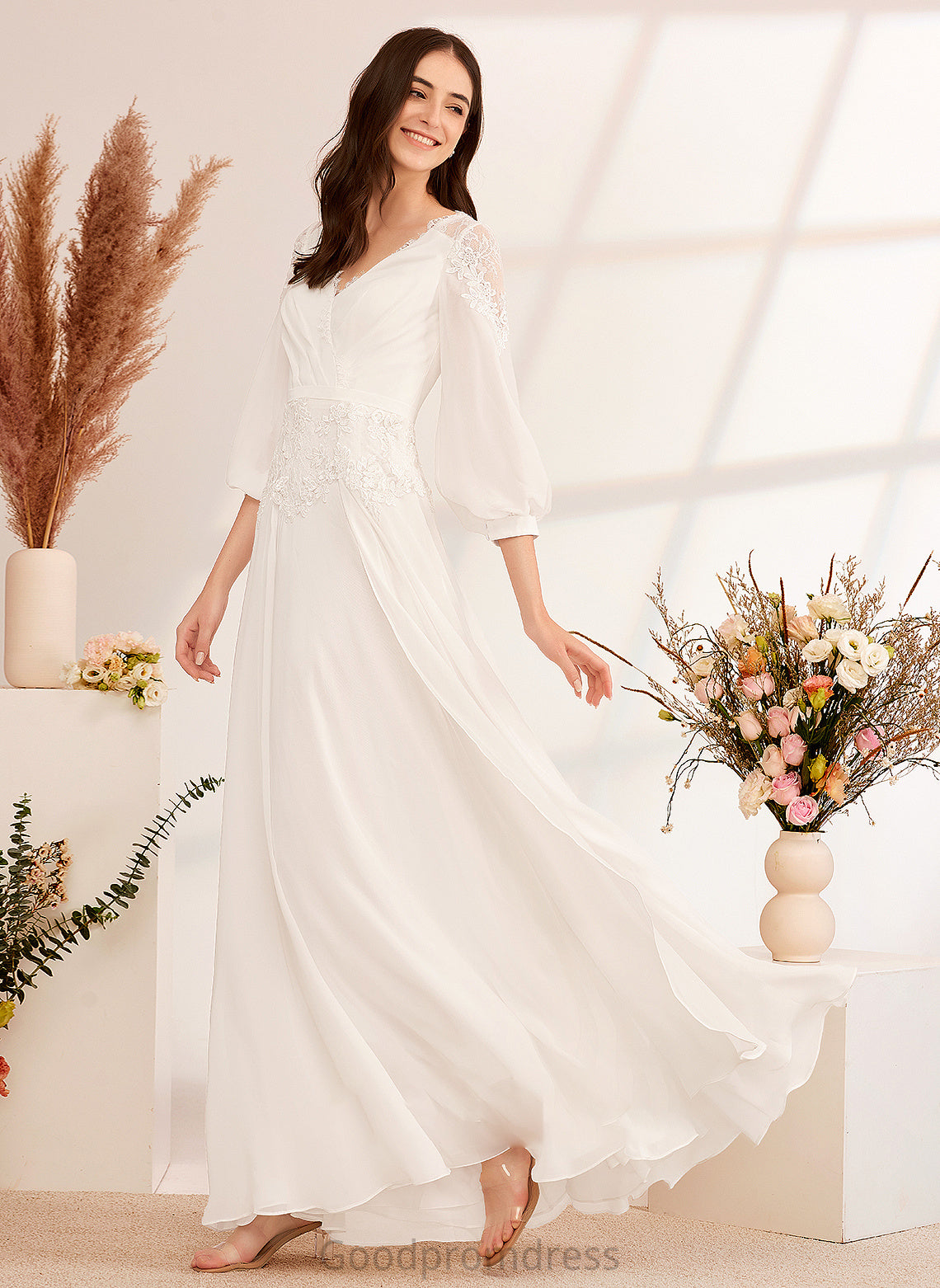 V-neck Wedding Dresses Wedding Lace Floor-Length With Dress A-Line Diamond