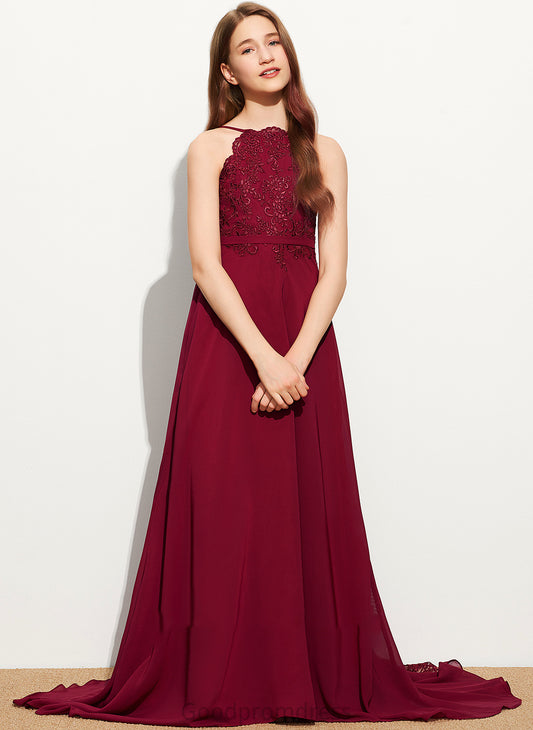 A-Line Train Junior Bridesmaid Dresses Sarai Lace Scoop Sweep Neck Chiffon