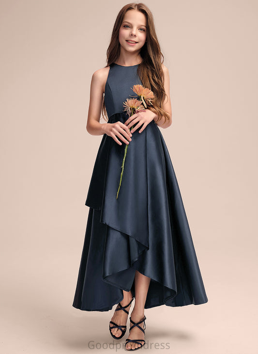 Asymmetrical Neck Ruffles Cloe A-Line Satin Scoop Cascading With Junior Bridesmaid Dresses