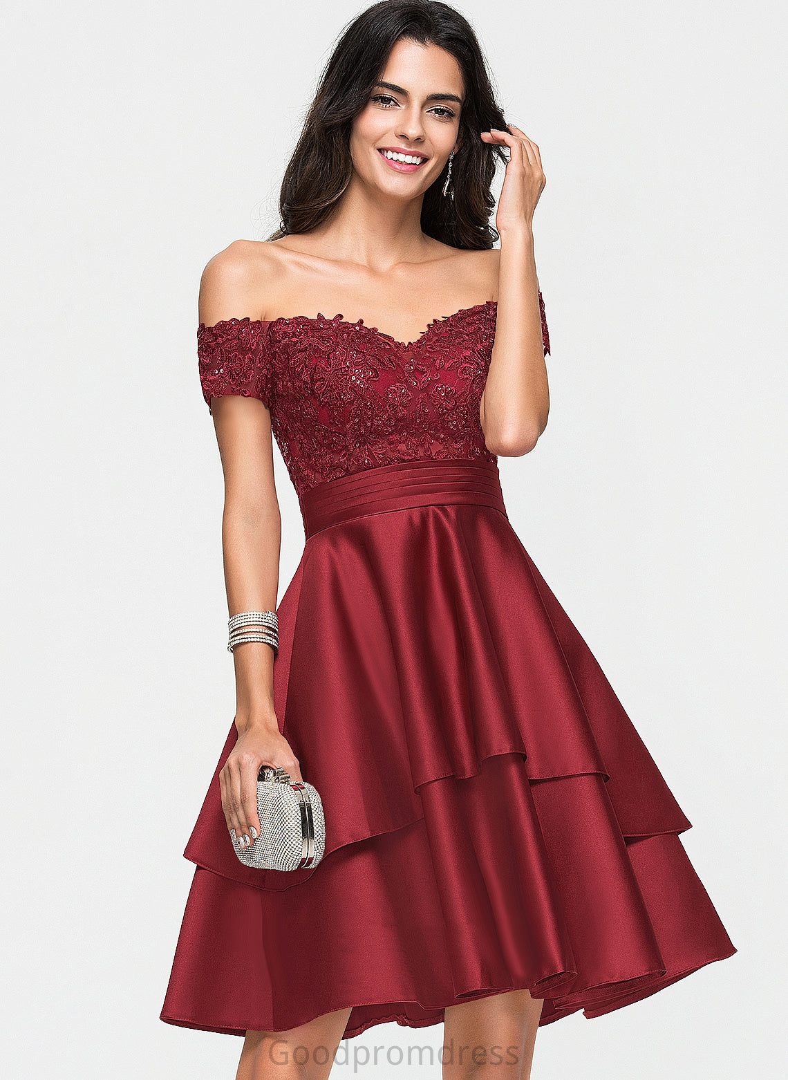 A-Line Lace Knee-Length Cocktail Satin Dress With Daniella Off-the-Shoulder Cocktail Dresses Sequins