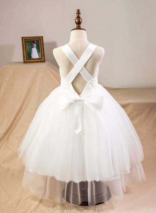 With Caitlyn Girl Ball-Gown/Princess Satin/Tulle/Lace Flower Girl Dresses Sleeveless Dress Flower Straps Bow(s) - Tea-length