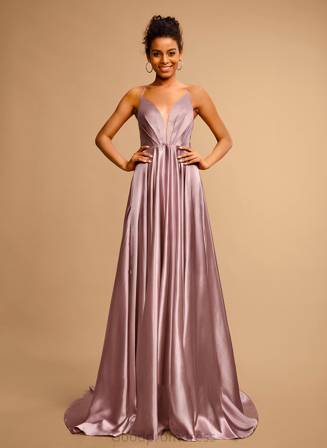 Ball-Gown/Princess Sweep Marian Satin Train V-neck Prom Dresses