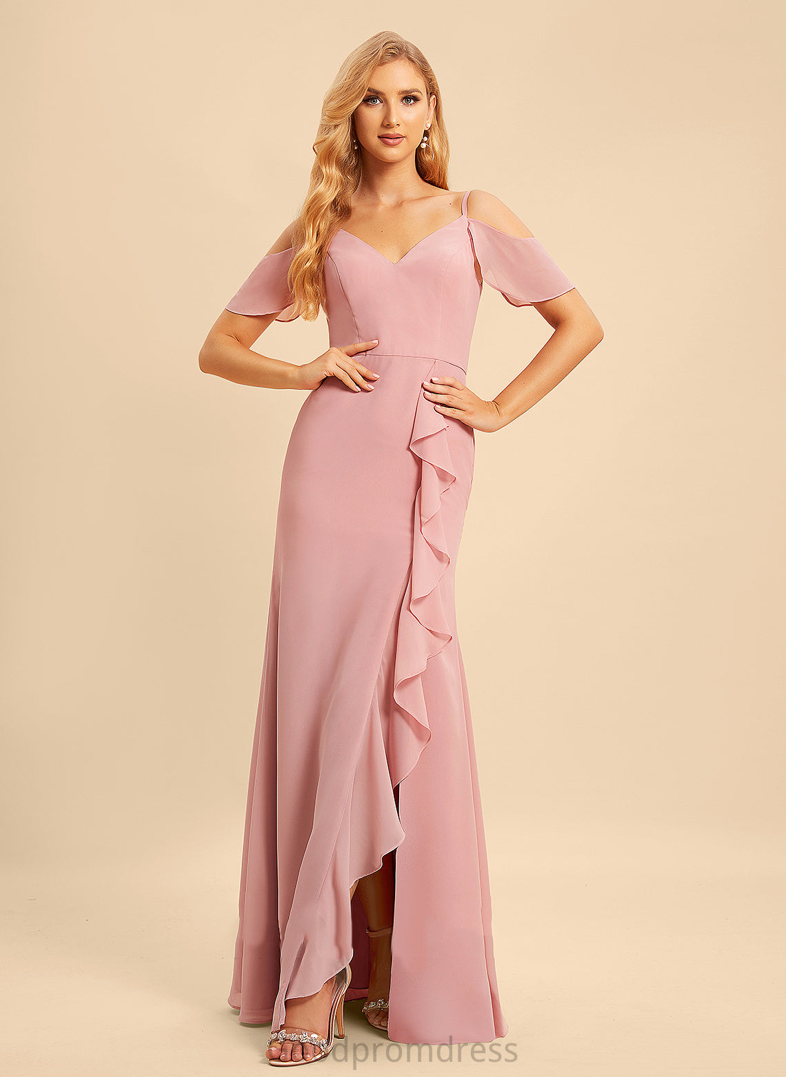 Floor-Length Ruffle Length Neckline SplitFront Silhouette Embellishment A-Line V-neck Fabric Liliana Floor Length Bridesmaid Dresses