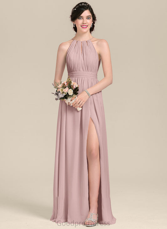 A-Line Neckline Bow(s) Fabric Floor-Length Silhouette SplitFront Embellishment Ruffle ScoopNeck Length Shayna Bridesmaid Dresses