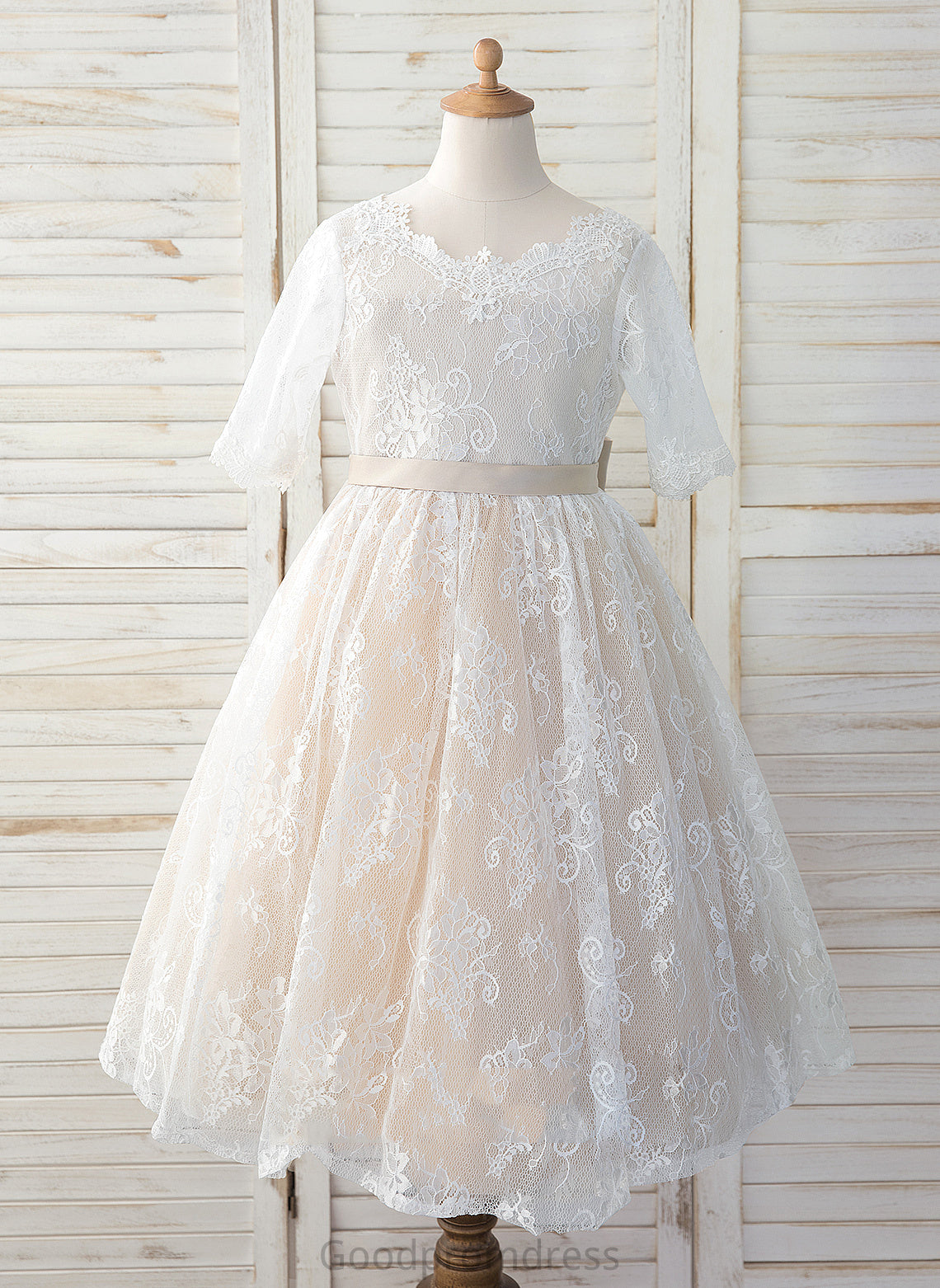 Flower Girl Dresses 3/4 A-Line Bow(s) Sleeves Dress Tea-length Scoop Neck With - Miracle Tulle/Lace Girl Flower