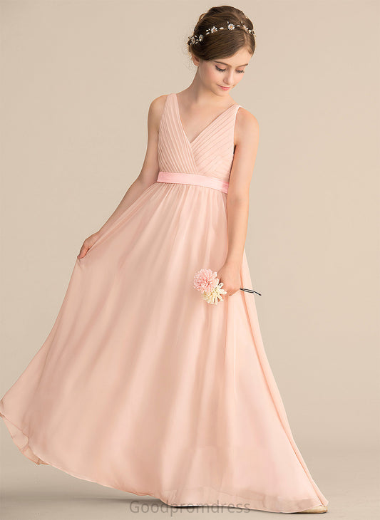 Chiffon Marie V-neck With Ruffle Floor-Length A-Line Junior Bridesmaid Dresses Bow(s)