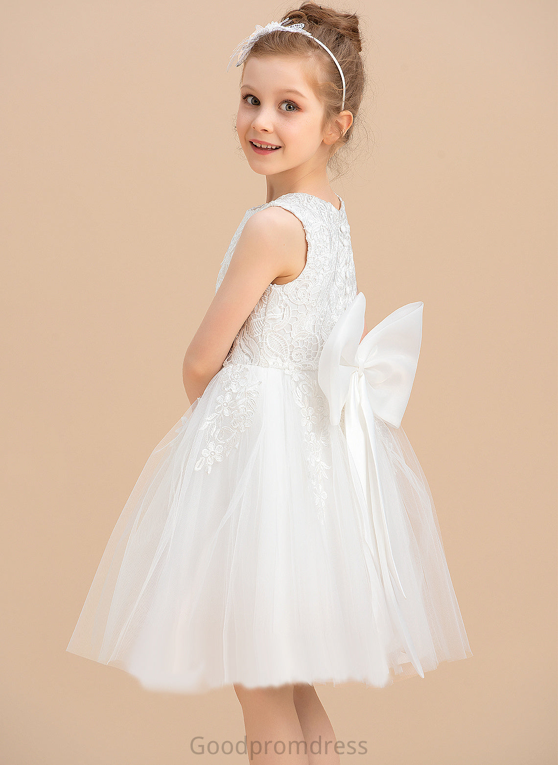 Lauryn Sleeveless Dress Girl - With Knee-length Flower Girl Dresses Neck Flower Tulle/Lace Lace/Bow(s) Scoop A-Line