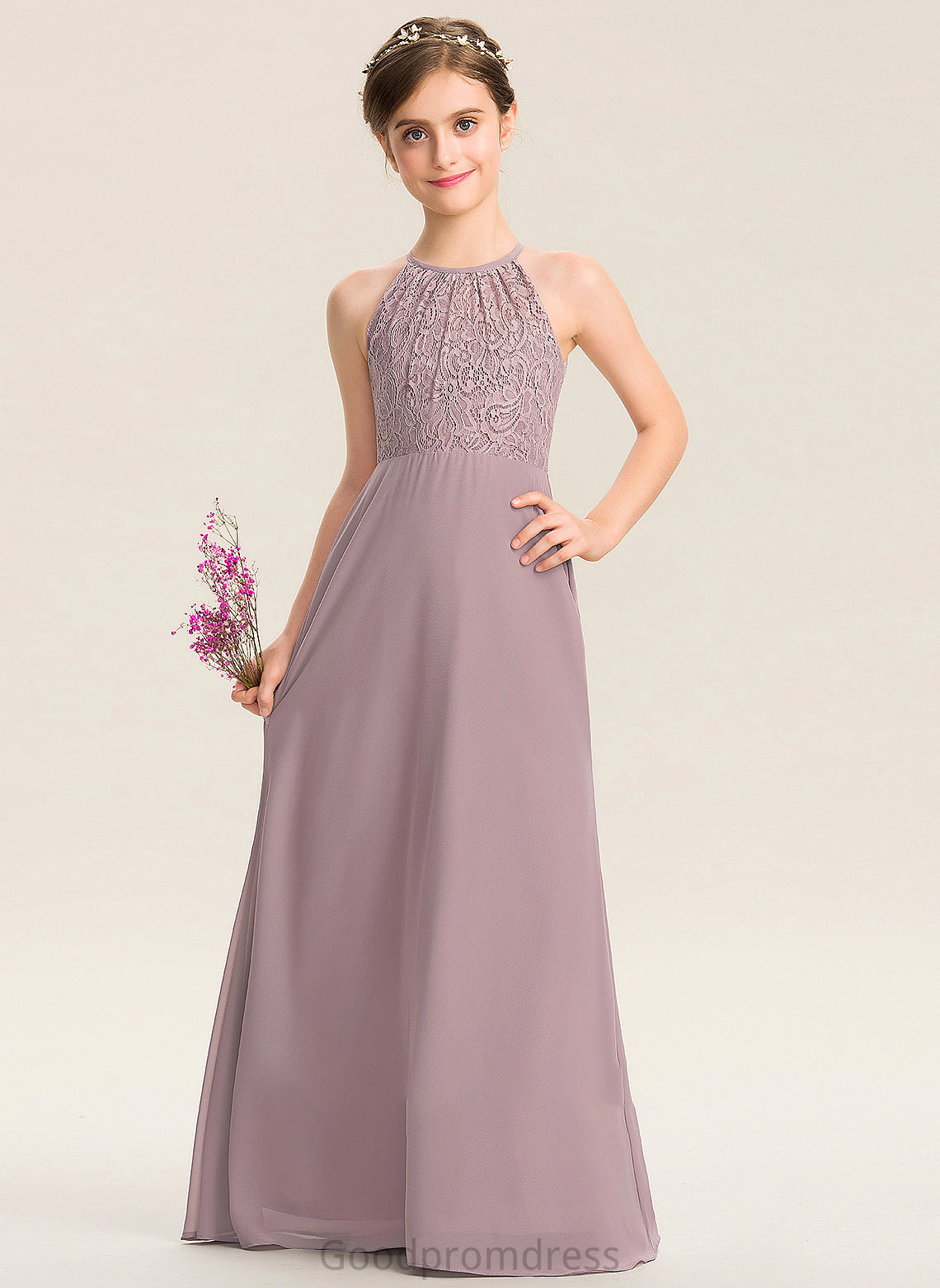 Junior Bridesmaid Dresses Thalia A-LineScoopNeckFloor-LengthChiffonLaceJuniorBridesmaidDressWithRuffle#173272