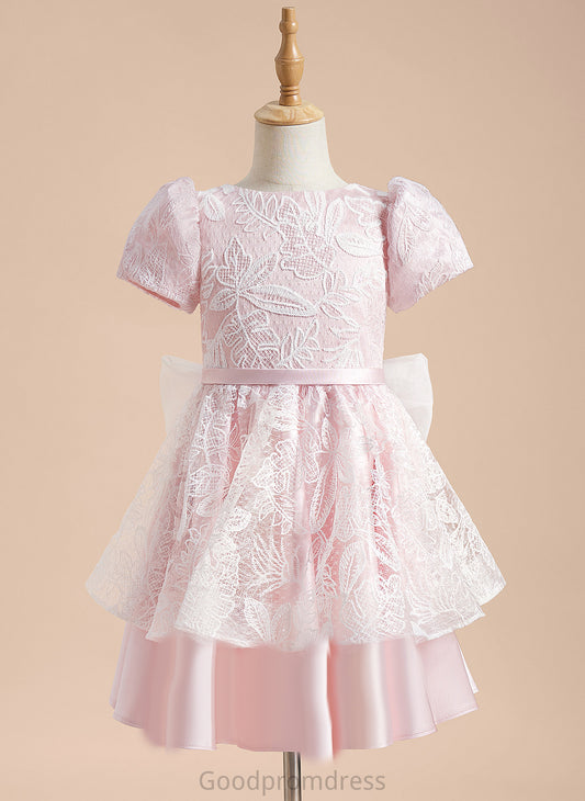 A-Line Short Flower Girl Dresses - Sleeves Knee-length Neck Emma Scoop Girl Flower Satin/Tulle With Lace/Sequins/Bow(s) Dress